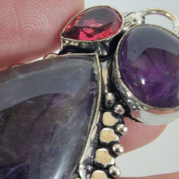 Handmade Silver Pendant with Chevron Amethyst & Deep Red Garnet Accent Stone - Picture 10 of 10